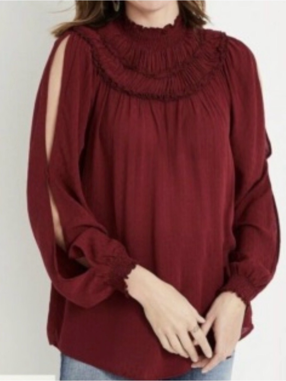 M New Maurices Solid Smocked Cut Out Sleeve Blouse Maroon Top Womens Fall Winter